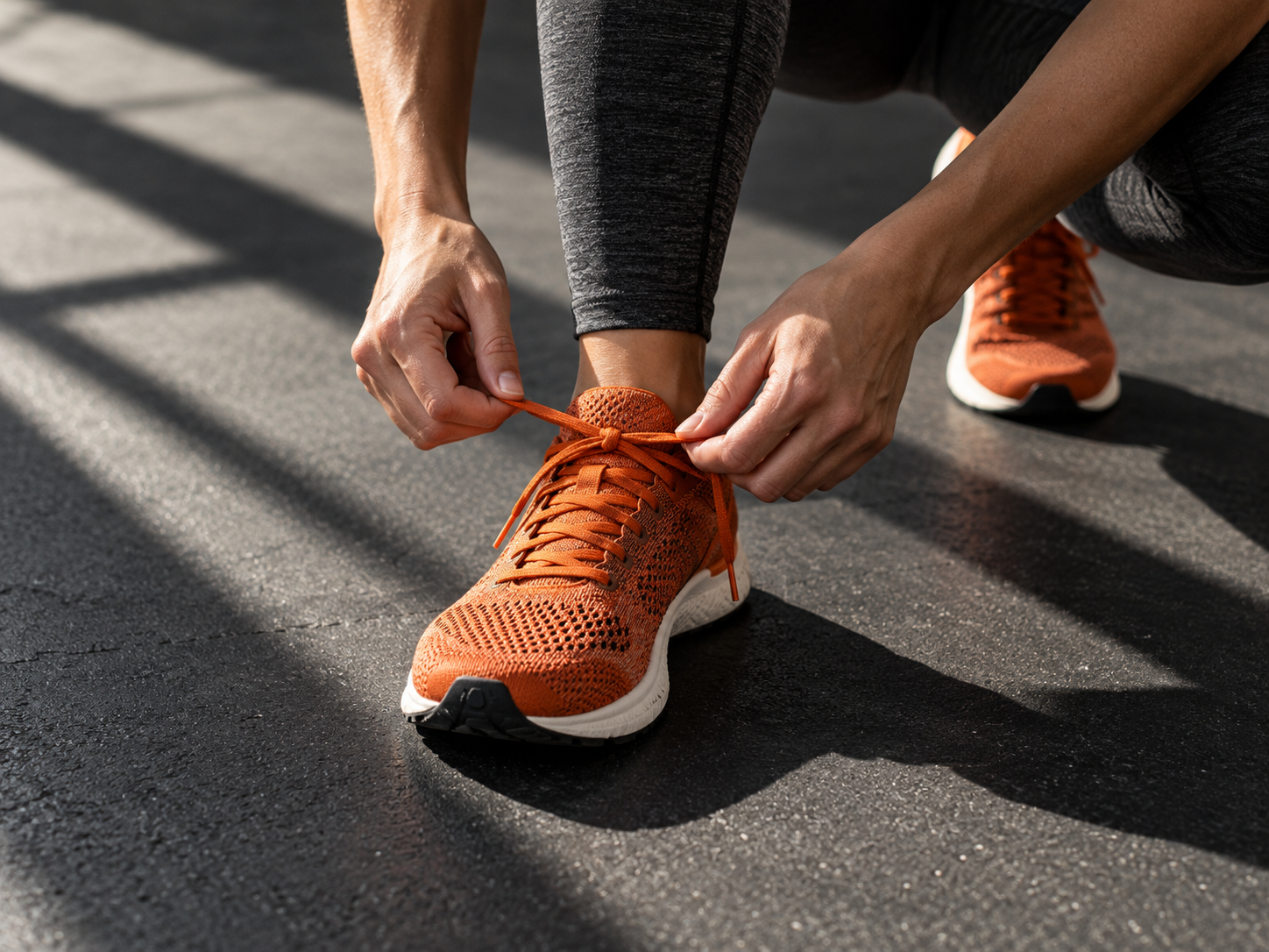 Athlete tying an orange running shoe in dramatic window light