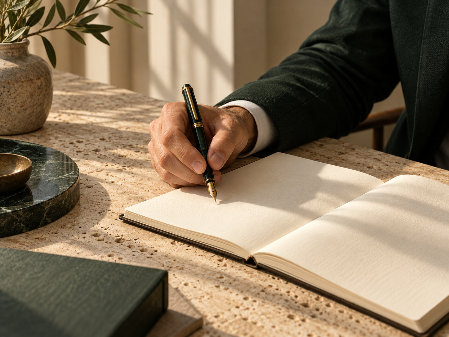 Detail of a fountain pen, cream notebook and forest-green suit sleeve