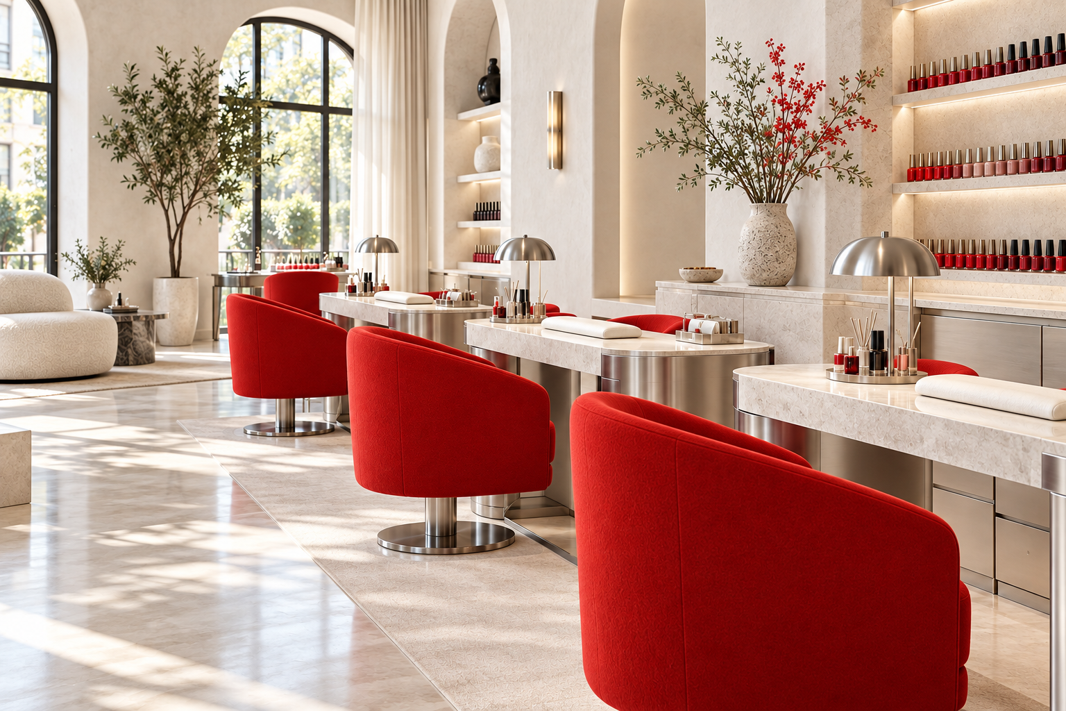 Light filled nail studio with vivid Brazilian red chairs and stone manicure tables