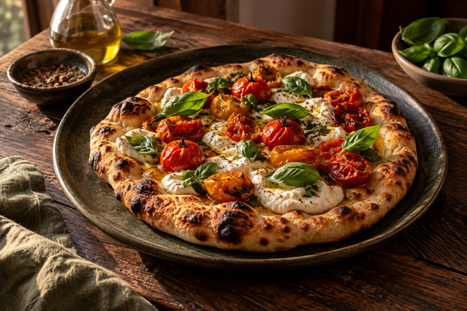 Wood-fired flatbread topped with roasted tomatoes, creamy ricotta, and fresh basil